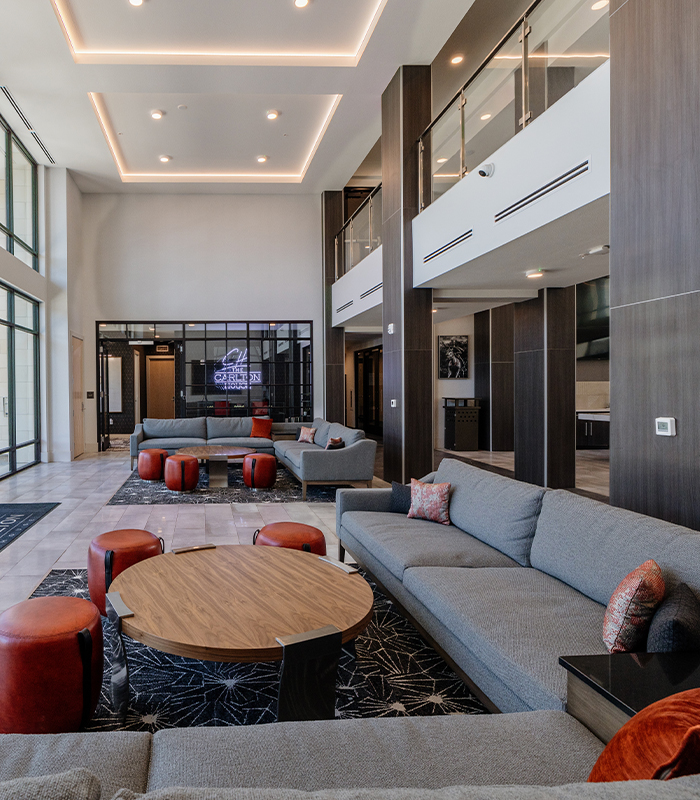 Lounge area with grey couches