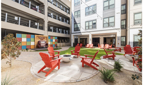 Courtyard with lounge seating and a firepit